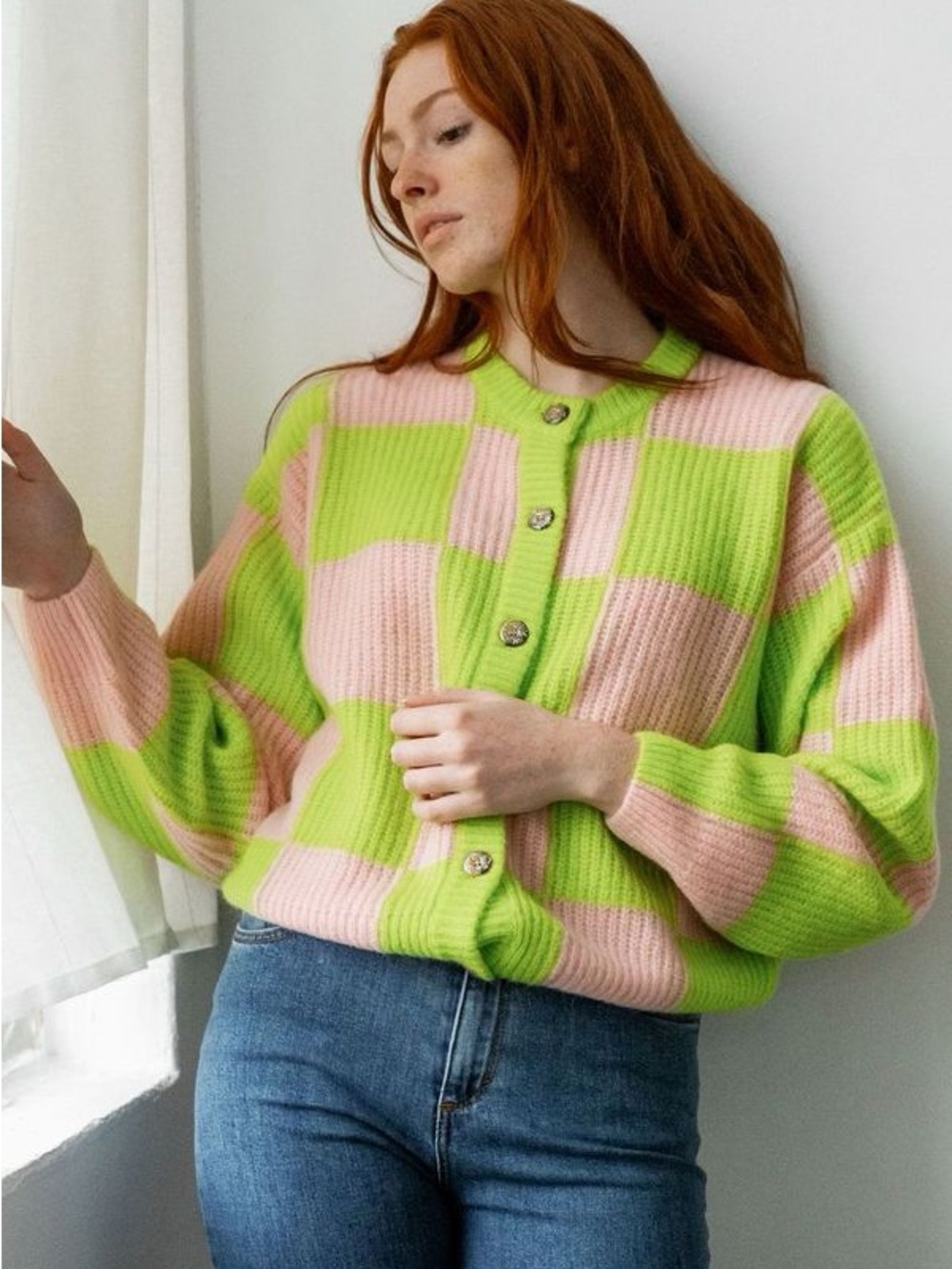 STINE GOYA Checkerboard Button-Up Cardigan in Pink & Lime plaid crewneck sweater - Picture 6 of 9
